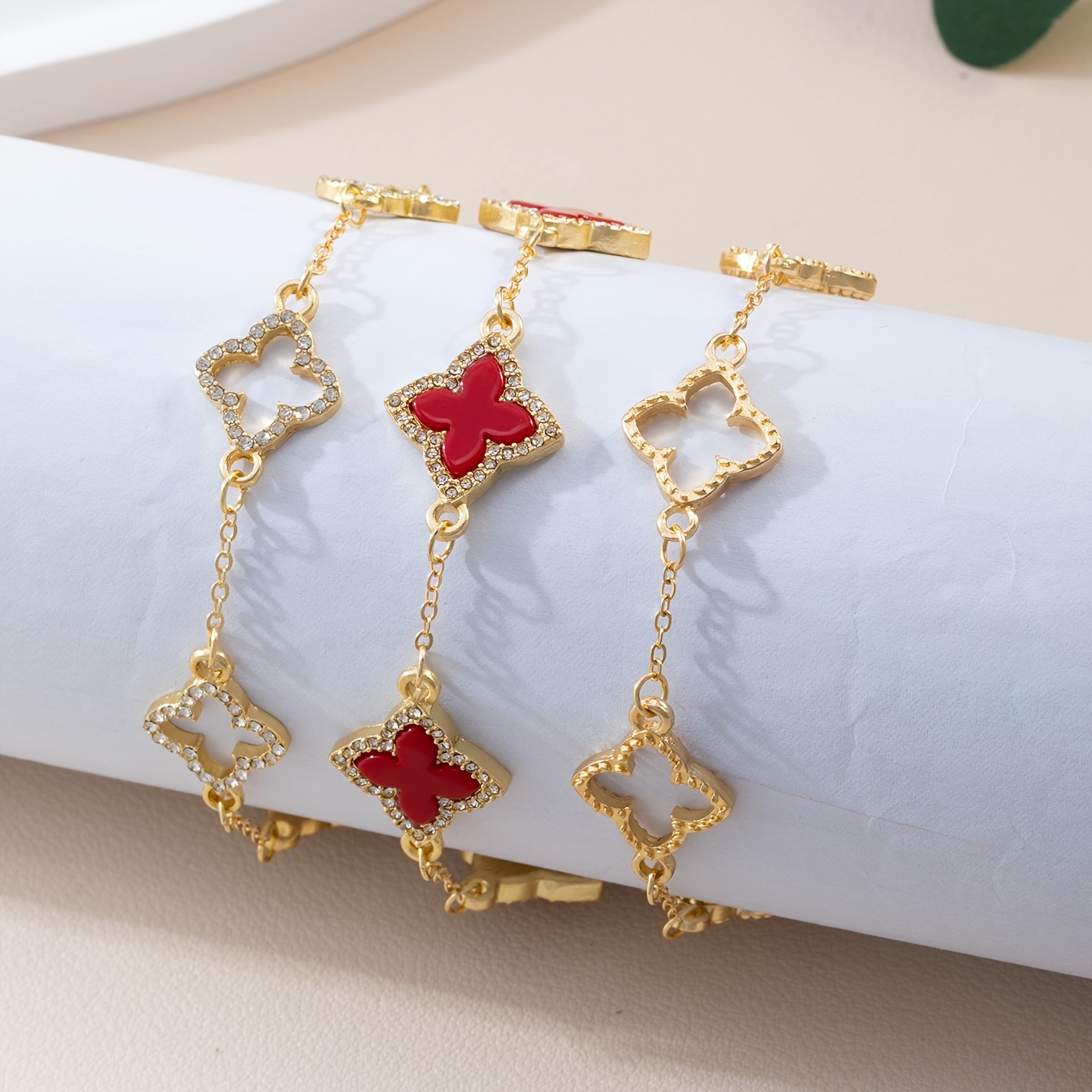 3pcs Set of Luxurious Clover Rhinestone Decorative Bracelets